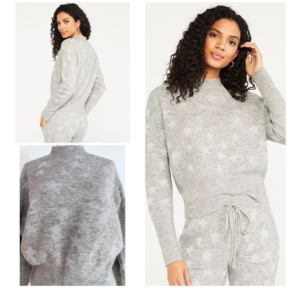 EUC Ann Taylor Star Shimmer Metallic Stars Pattern Gray Mock Neck Sweater Small﻿